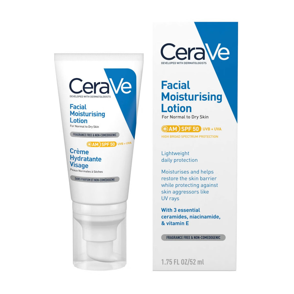 CeraVe AM Facial Moisturising Lotion SPF50 for Normal to Dry Skin 52ml