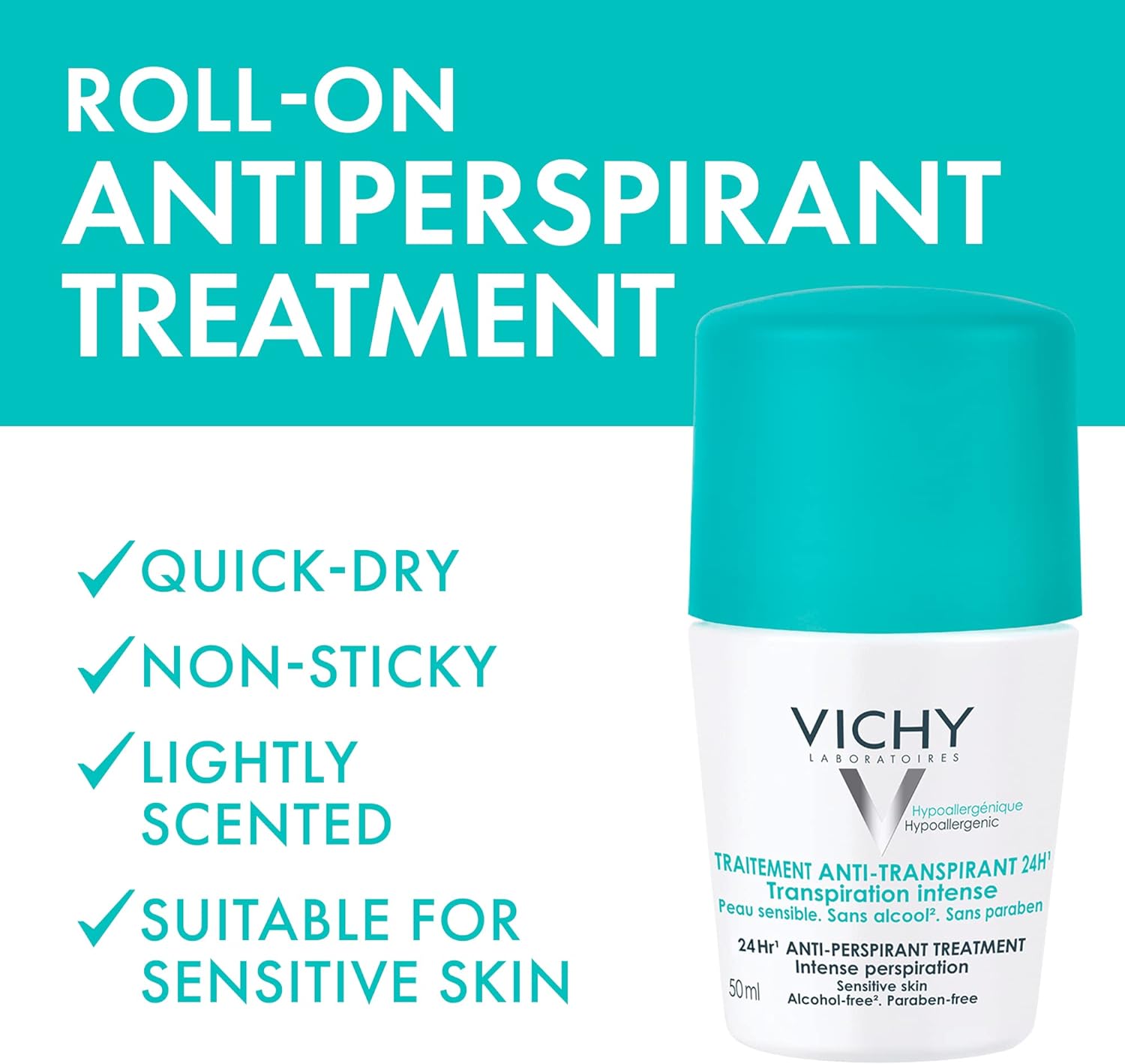 Vichy 48 Hour Anti-Perspirant Treatment Roll-On for Sensitive Skin, 50 ml