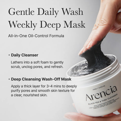 Arencia black tea and yuzu cleanser with text on usage and benefits