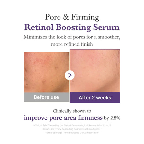 Advertisement for a pore and firming retinol boosting serum showing before and after effects on skin.