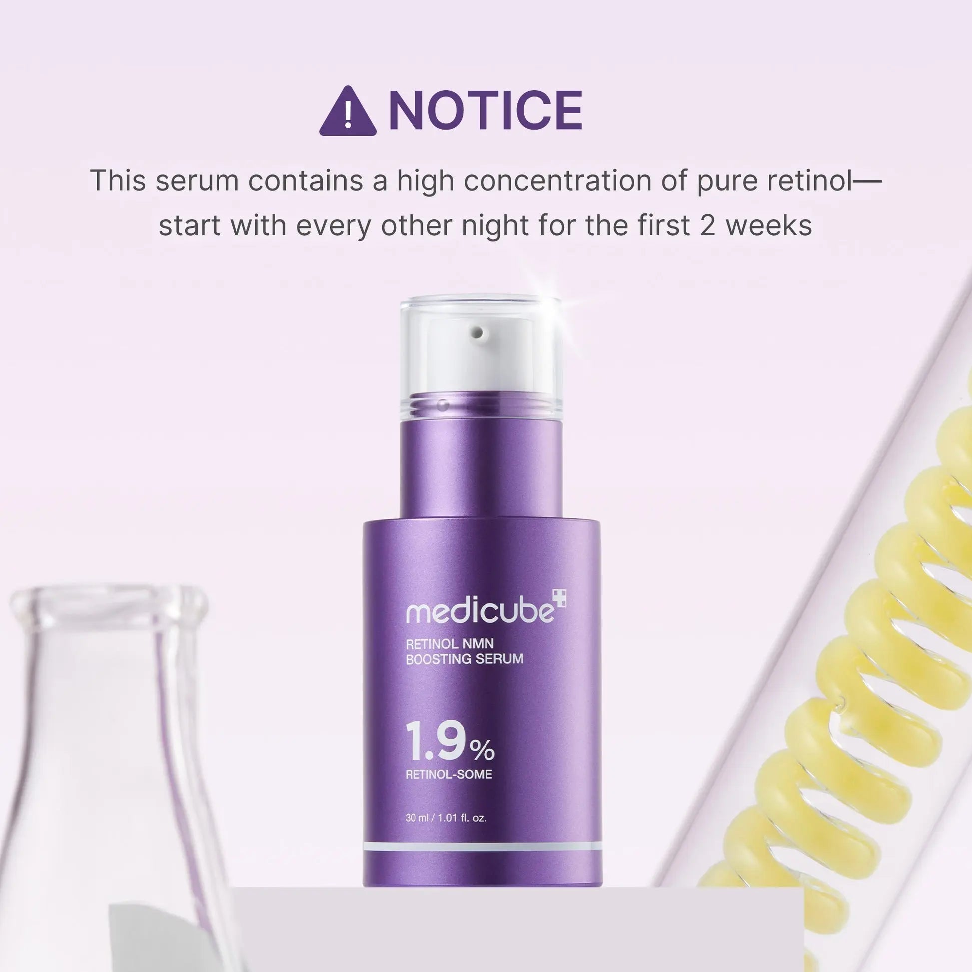 Purple serum bottle with text about retinol use on a light purple background