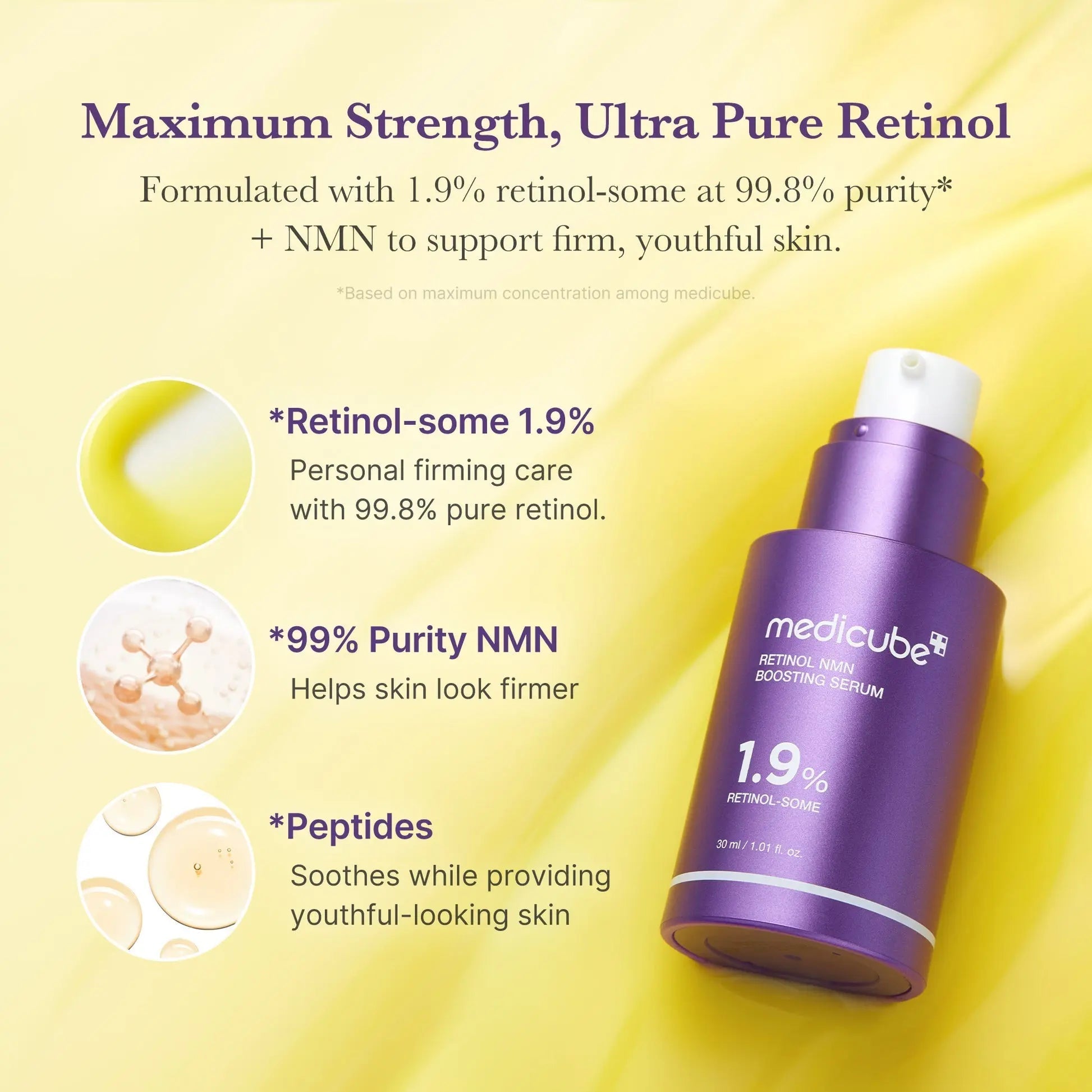 Purple skincare serum bottle with text on a yellow background