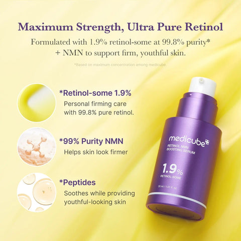 Purple skincare serum bottle with text on a yellow background