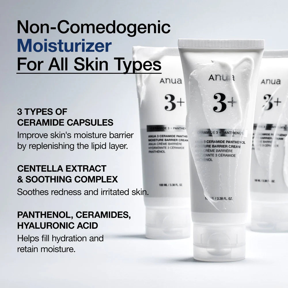 Anua 3+ moisturizer tubes with product details on a light gray background