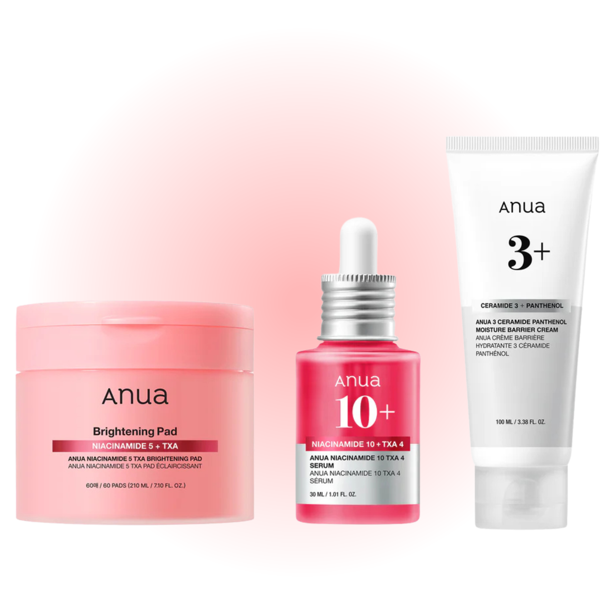 Flat lay image of Anua Brightening Pad, Niacinamide 10% TXA Serum and 3 Ceramide Panthenol Barrier Cream arranged as a skincare set.
