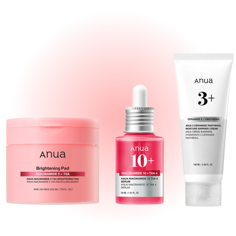 Flat lay image of Anua Brightening Pad, Niacinamide 10% TXA Serum and 3 Ceramide Panthenol Barrier Cream arranged as a skincare set.
