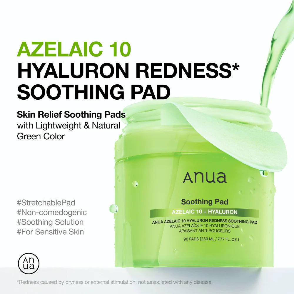 Anua Azelaic 10 Hyaluron Redness Soothing Pad packaging with green color on a white background