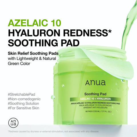 Anua Azelaic 10 Hyaluron Redness Soothing Pad packaging with green color on a white background