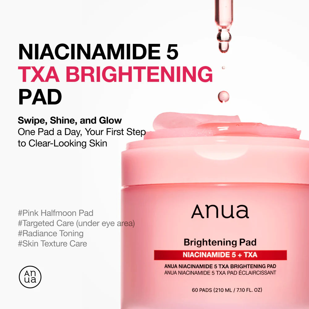 Anua Niacinamide 5 TXA Brightening Pad packaging with pink jar and dropper on a white background