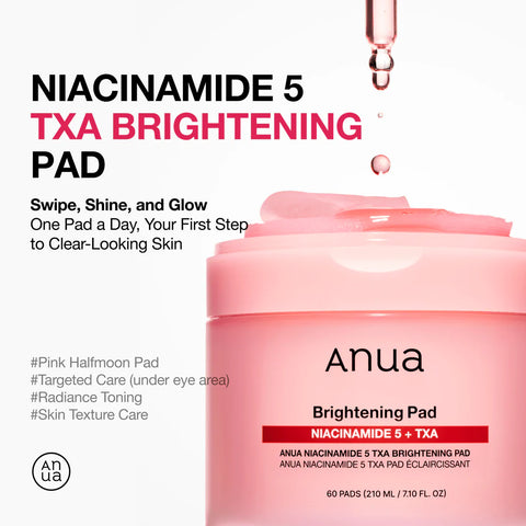 Anua Niacinamide 5 TXA Brightening Pad packaging with pink jar and dropper on a white background