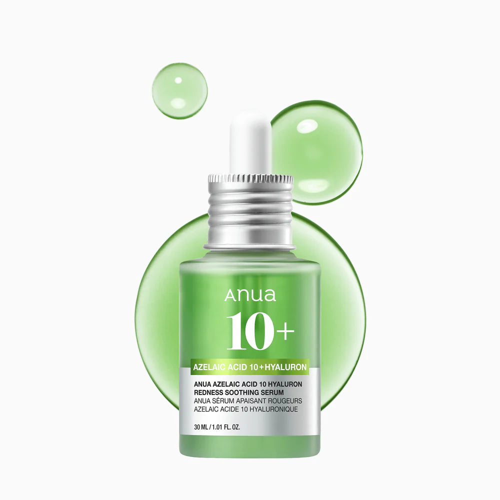 Anua 10+ serum bottle with green droplets on a white background