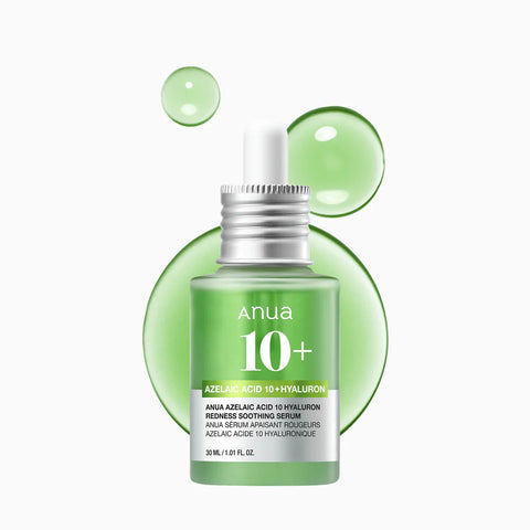 Anua 10+ serum bottle with green droplets on a white background