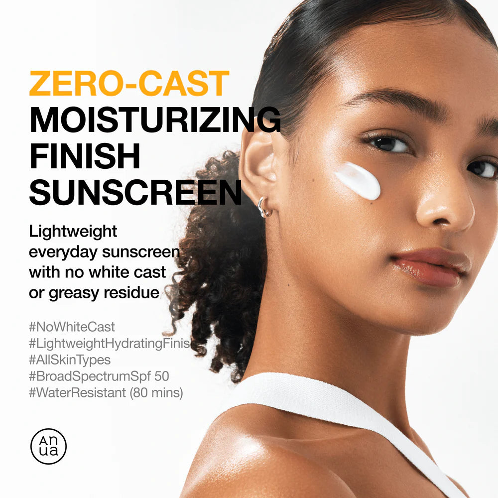 Woman with sunscreen on her face and promotional text for 'Zero-Cast Moisturizing Finish Sunscreen'.