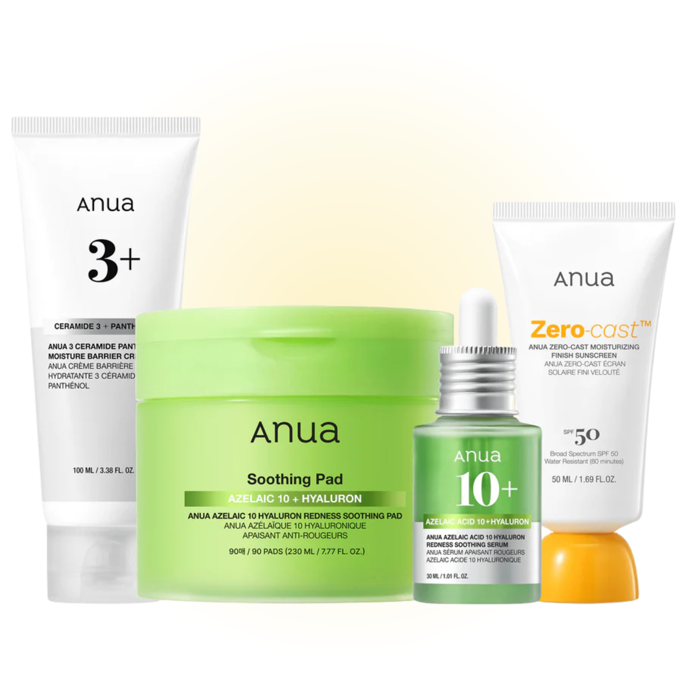 Anua blemish care set featuring soothing pads, azelaic serum, ceramide cream and sunscreen.