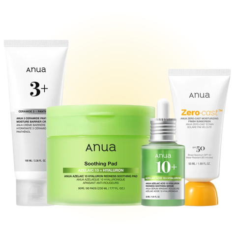 Anua blemish care set featuring soothing pads, azelaic serum, ceramide cream and sunscreen.