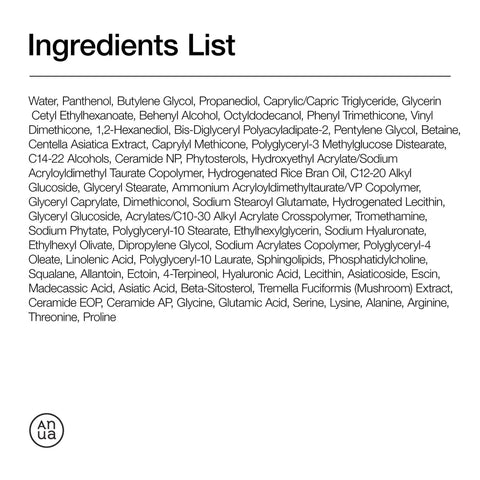 Anua Ingredients list on a white background with Anua logo.