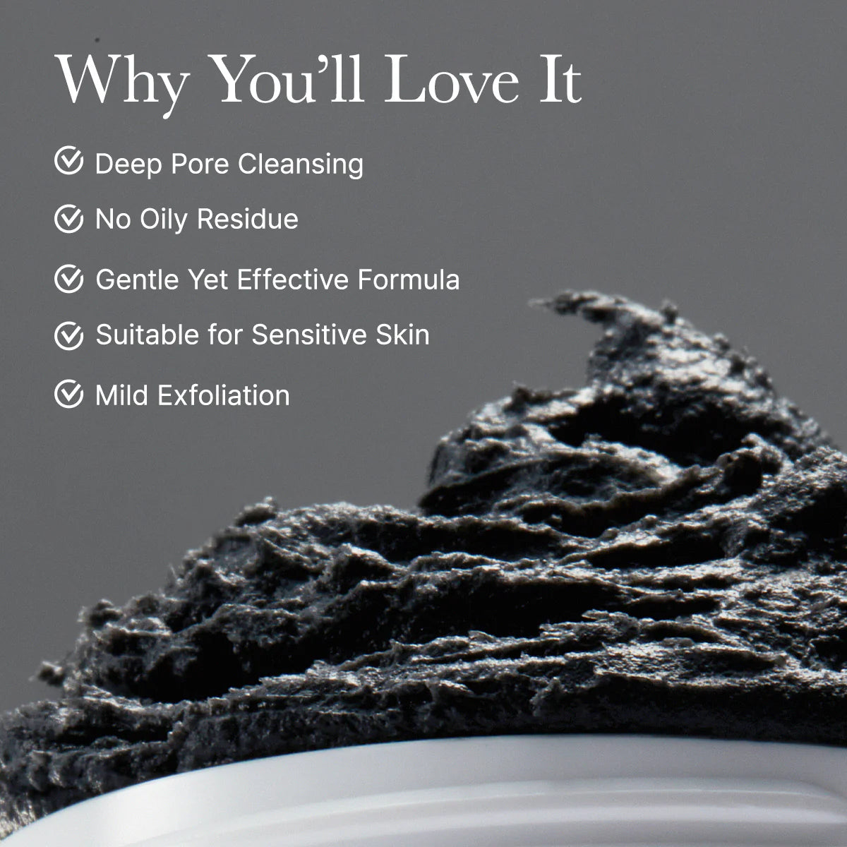arencia black tea rice mochi cleanser with text listing its benefits on a gray background