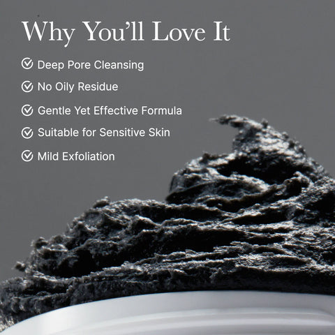 arencia black tea rice mochi cleanser with text listing its benefits on a gray background