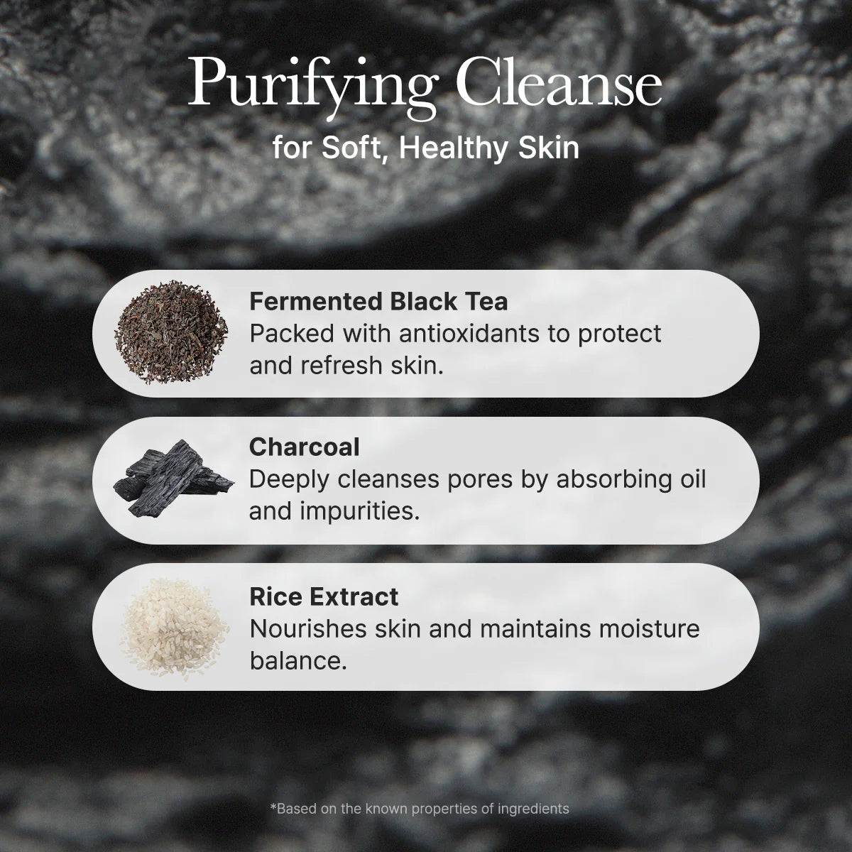 Purifying Cleanse product description with ingredients on a dark background