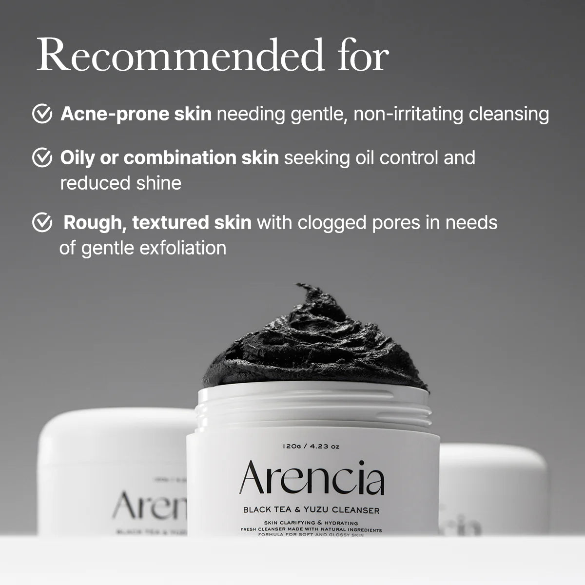 Arencia Black Tea & Yuzu Cleanser with product description on a gray background