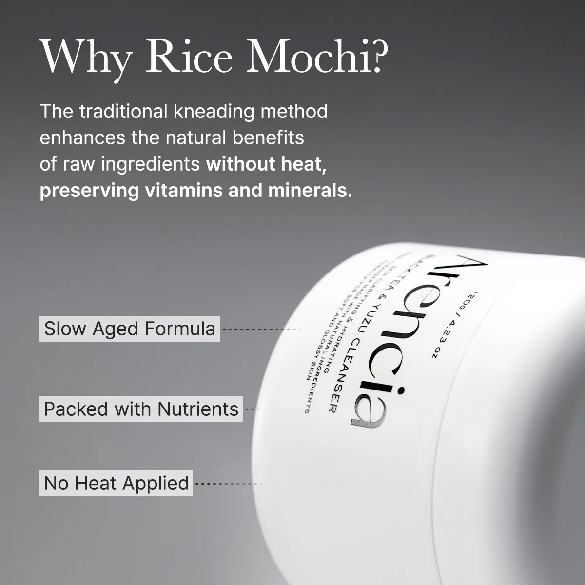 Product container with text explaining benefits of a traditional kneading method for rice mochi.