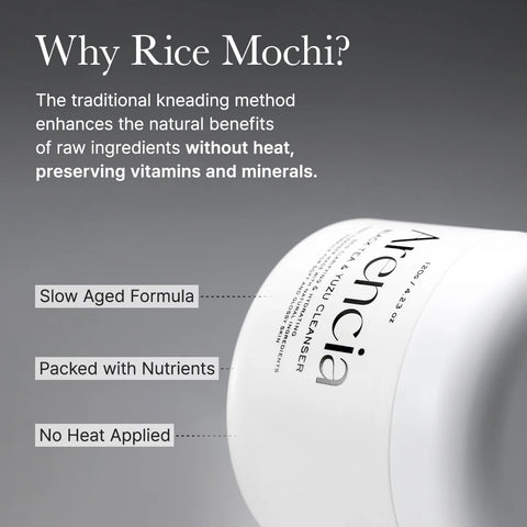 Product container with text explaining benefits of a traditional kneading method for rice mochi.