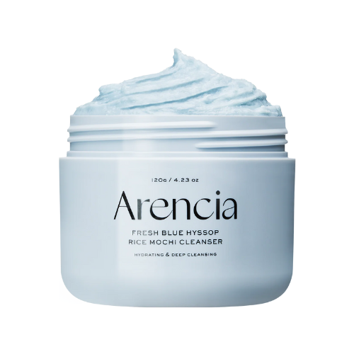 Jar of Arenicia Fresh Blue Hyssop Rice Mochi Cleanser with blue cream on a white background