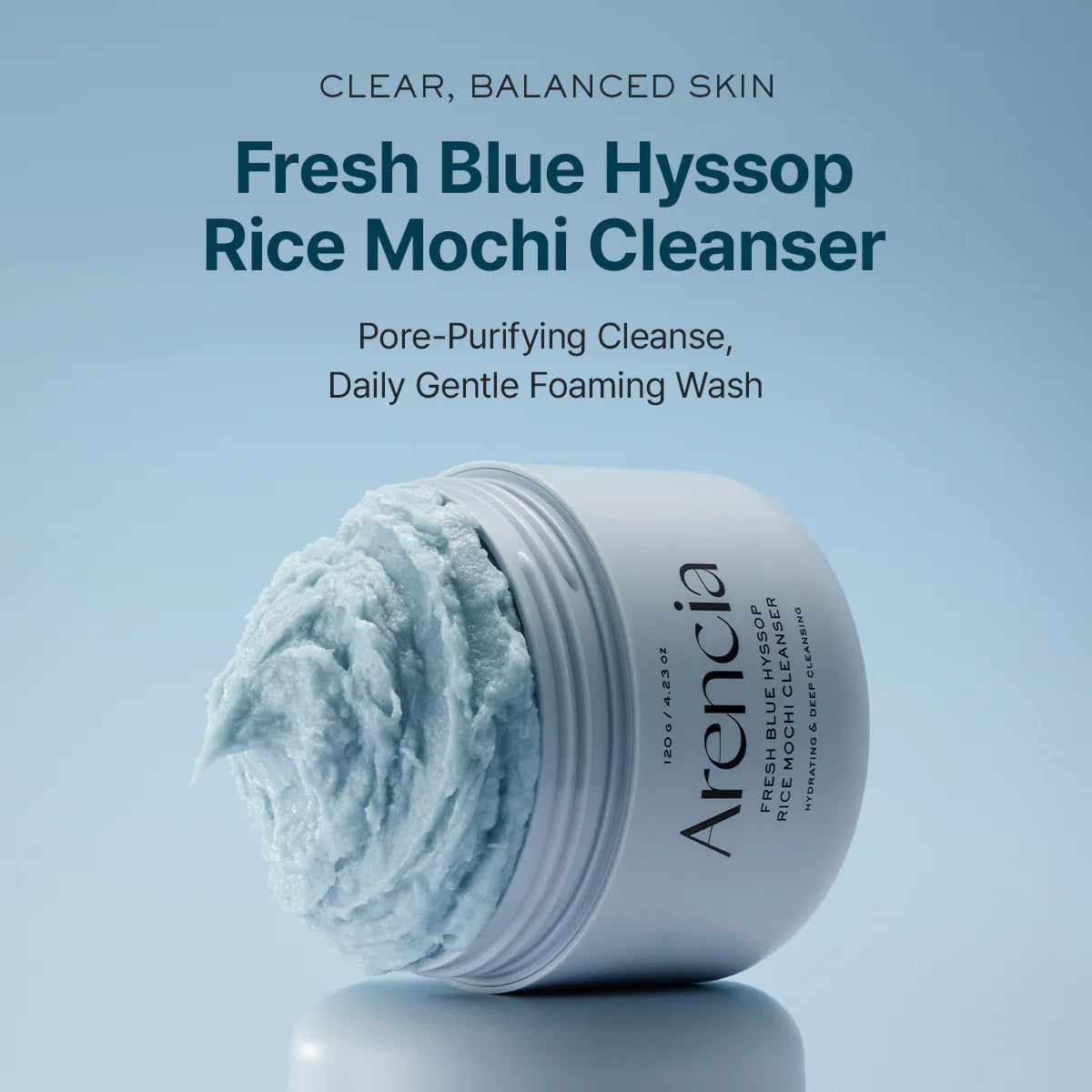 Arenicia Fresh Blue Hyssop Rice Mochi Cleanser with text on a light blue background