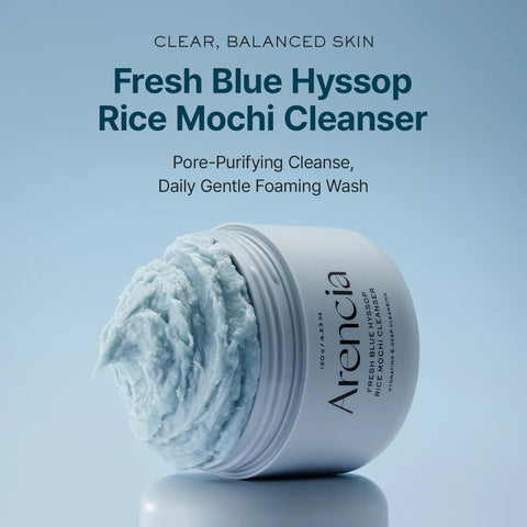 Arenicia Fresh Blue Hyssop Rice Mochi Cleanser with text on a light blue background