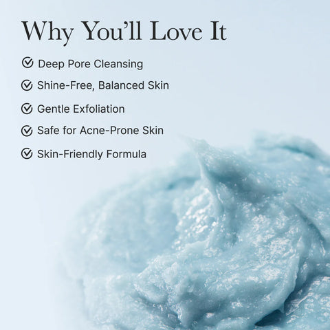 Text listing benefits of a skincare product with a close-up of the product on a light blue background.