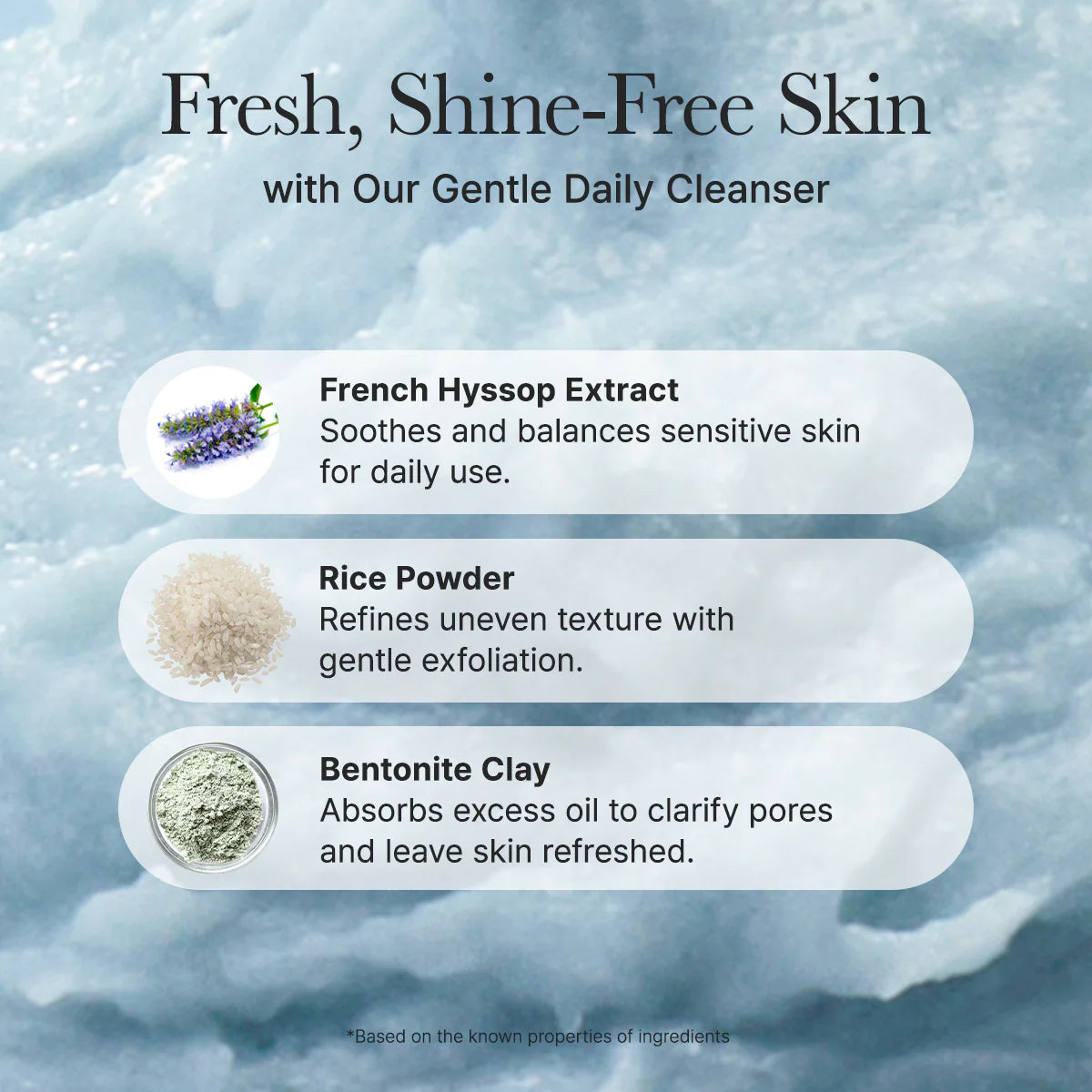 Product advertisement for a gentle daily cleanser with ingredients like French Hyssop Extract, Rice Powder, and Bentonite Clay on a blue background.