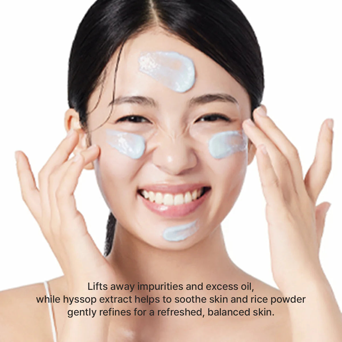 Woman applying a facial treatment product with text about its benefits on a white background