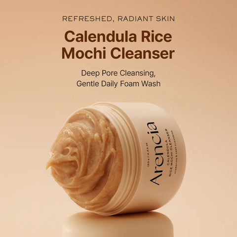 Calendula Rice Mochi Cleanser jar with cream on beige background