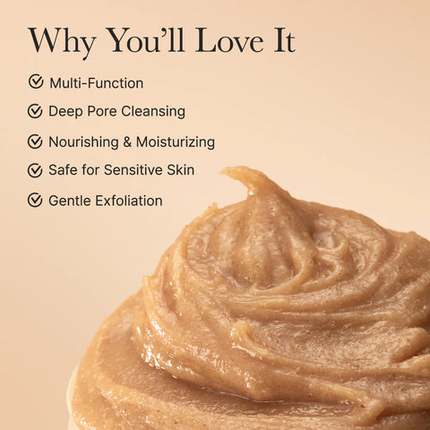 Cosmetic scrub with text listing its benefits on a beige background