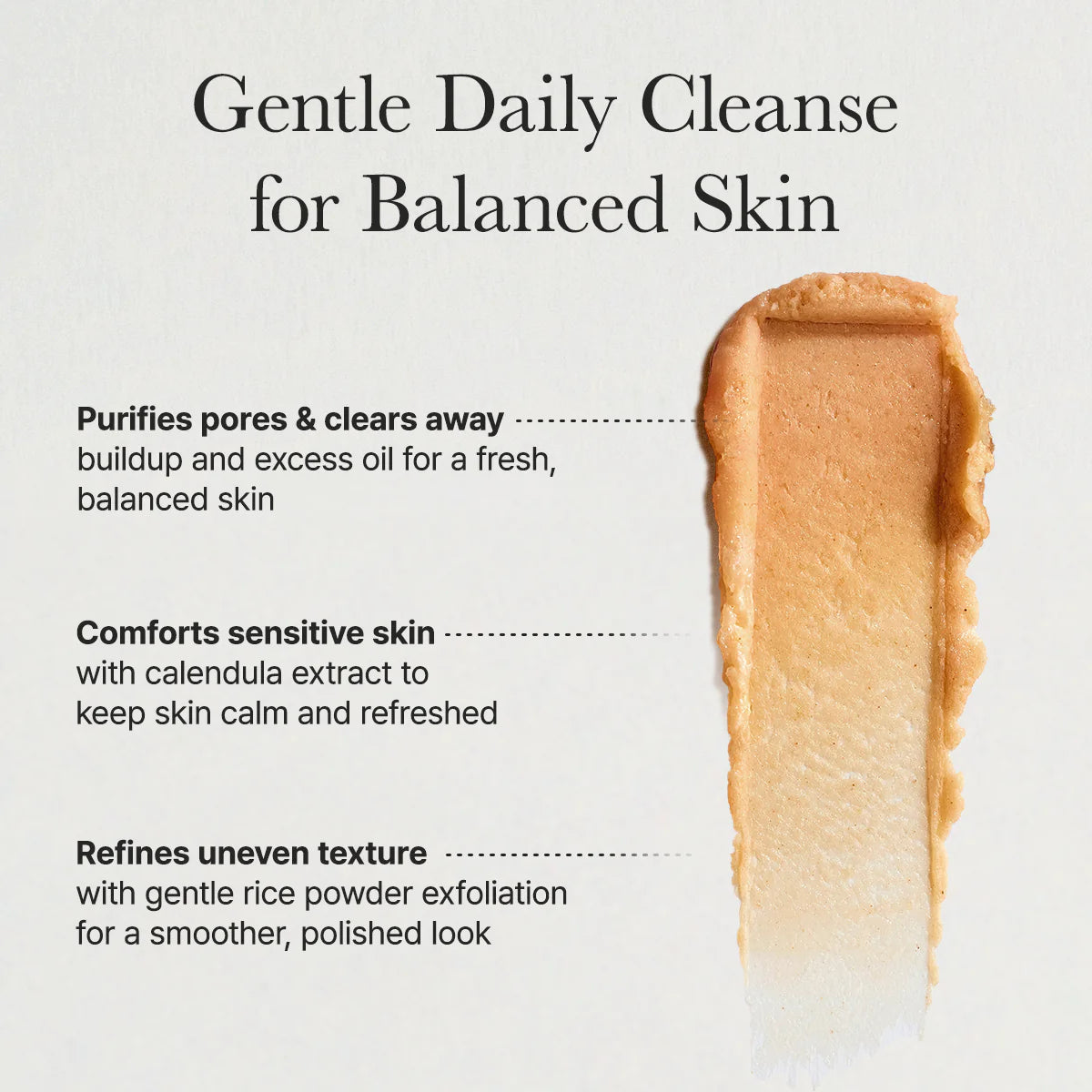 Cosmetic product with text describing its benefits for balanced skin on a light background