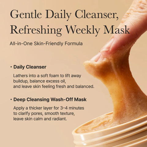 Product description of a daily cleanser and weekly mask with text and a close-up of a foot being cleaned.