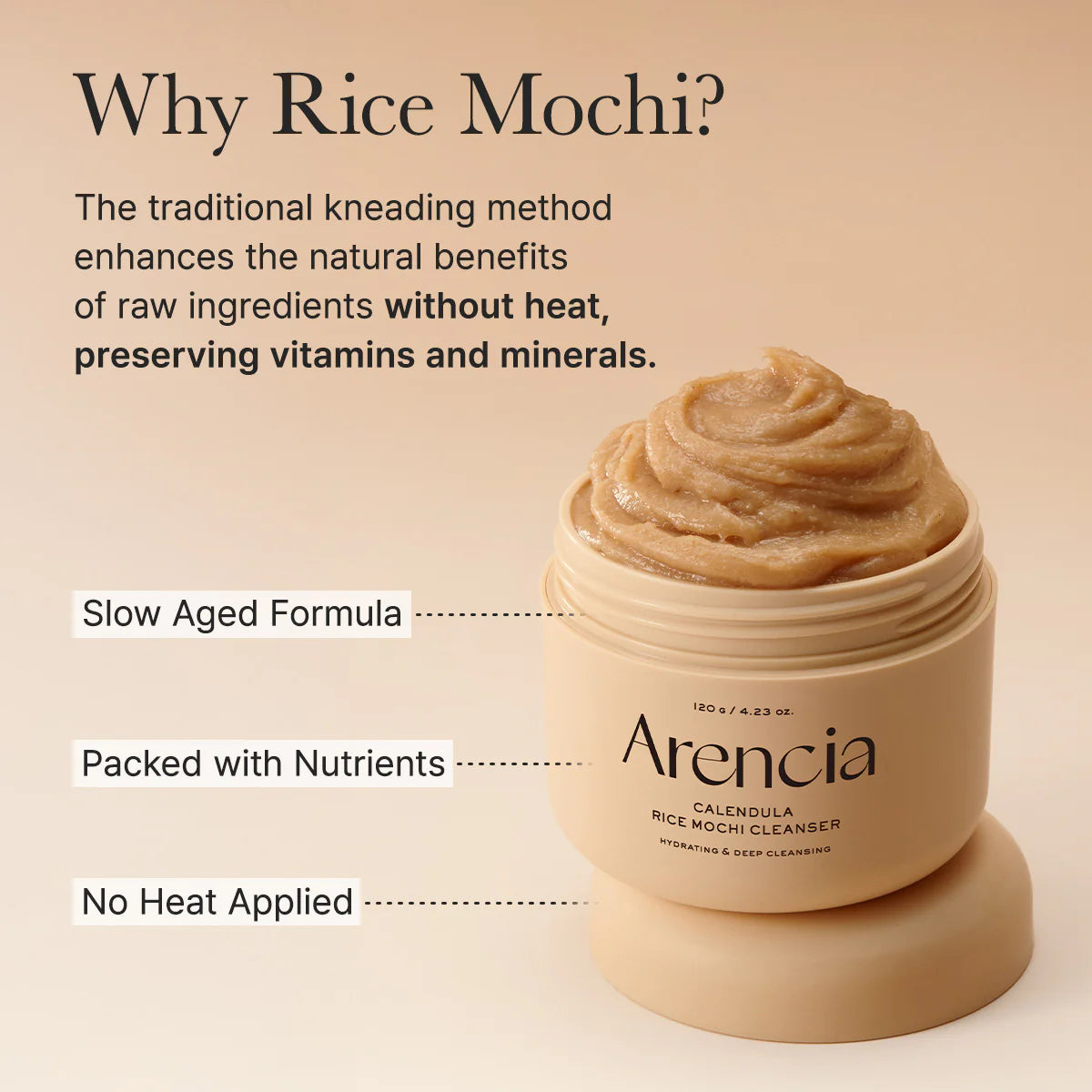 Arencia rice mochi cleanser with text highlighting benefits on a beige background