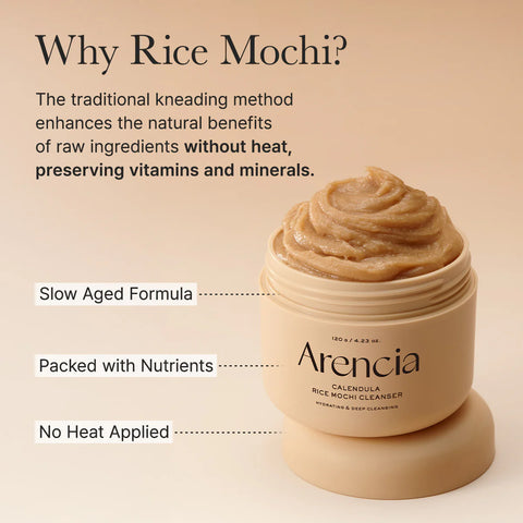 Arencia rice mochi cleanser with text highlighting benefits on a beige background