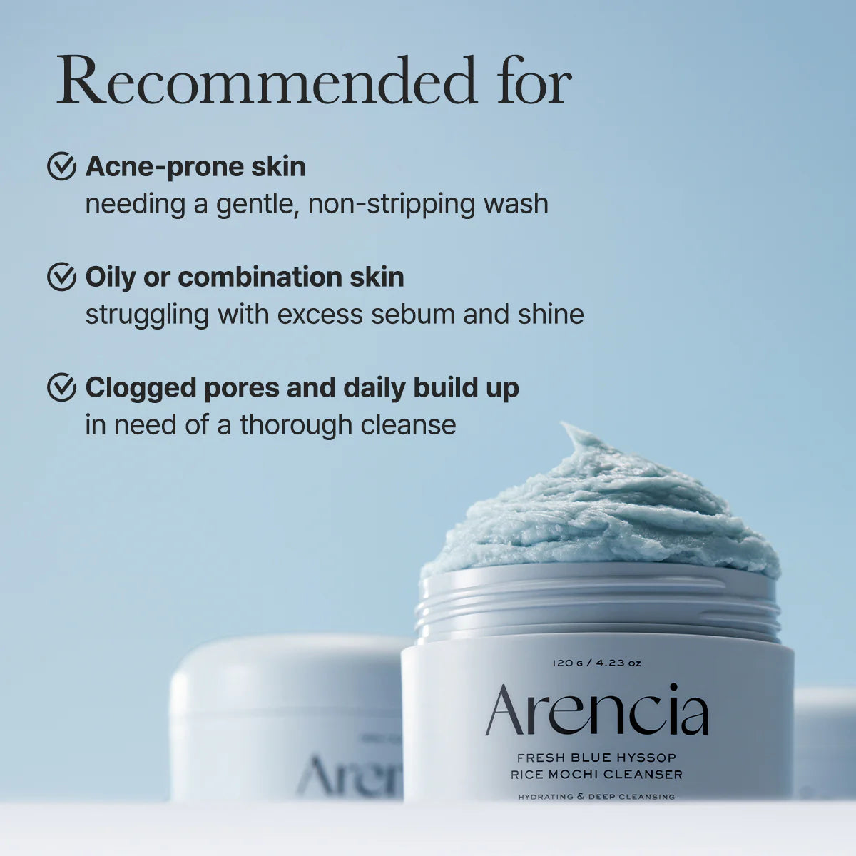 Arencia skincare product with text on its uses for different skin types against a light blue background.