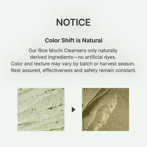 Notice about color shift in Rice Mochi Cleaners with two texture samples.