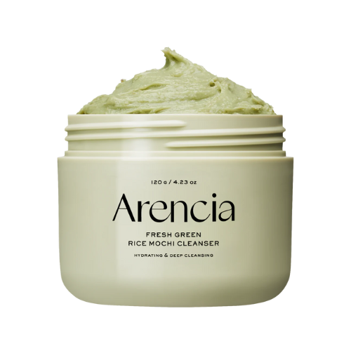 Jar of Arencia Fresh Green Rice Mochi Cleanser with green cream on top