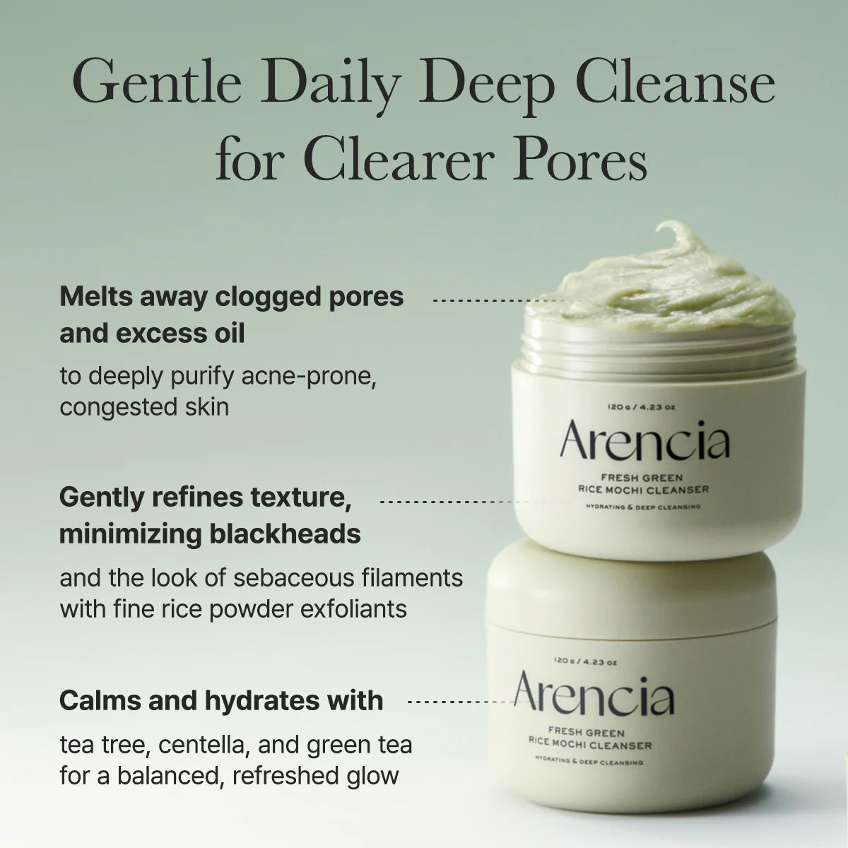 Two jars of Arencia cleanser with product description text on a light green background