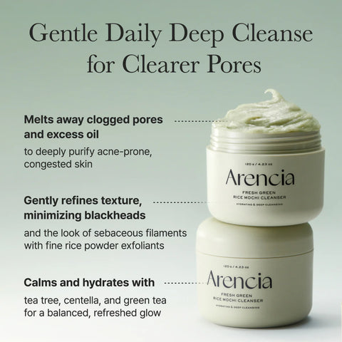 Two jars of Arencia cleanser with product description text on a light green background