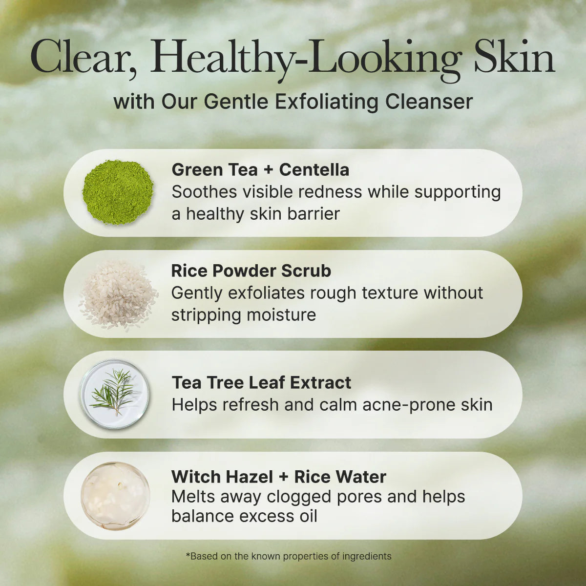Product features with green tea, centella, rice powder scrub, tea tree leaf extract, and witch hazel on a natural background.