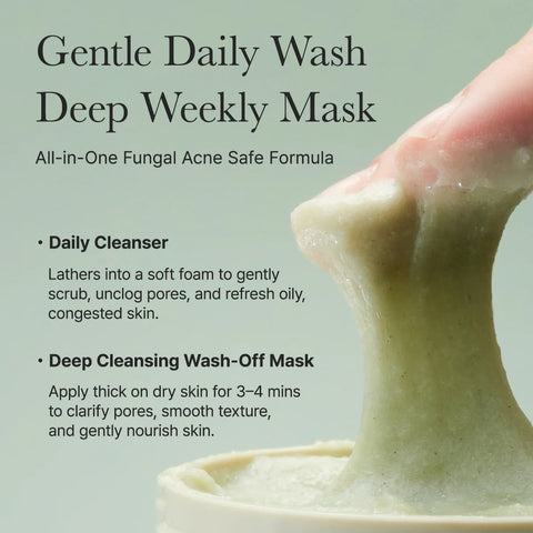 Gentle Daily Wash Deep Weekly Mask with text on a green background