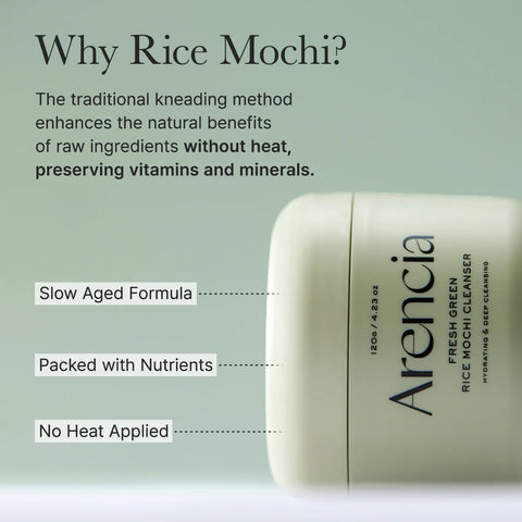 Arencia rice mochi cleanser with text explaining benefits on a light green background
