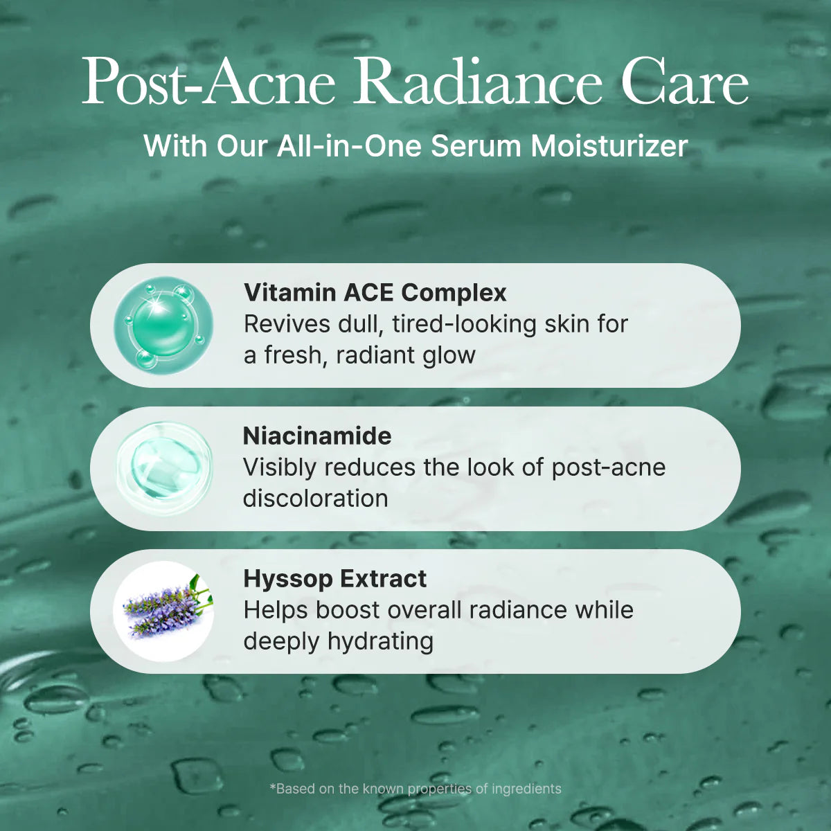 Promotional graphic for post-acne radiance care with an all-in-one serum moisturizer on a green background.