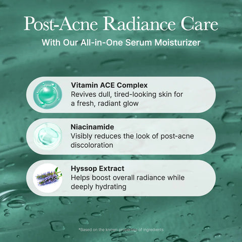 Promotional graphic for post-acne radiance care with an all-in-one serum moisturizer on a green background.