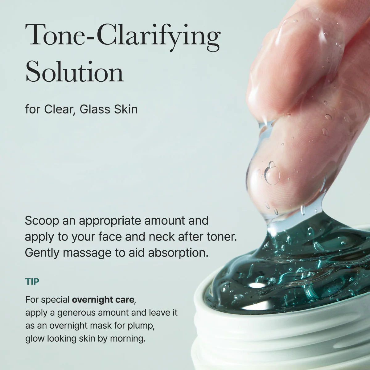 Hand applying tone-clarifying solution from a container with text on a light gray background