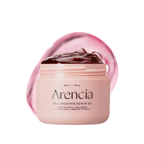 Pink jar of Arencia Red Smoothie Serum 30 on a white background